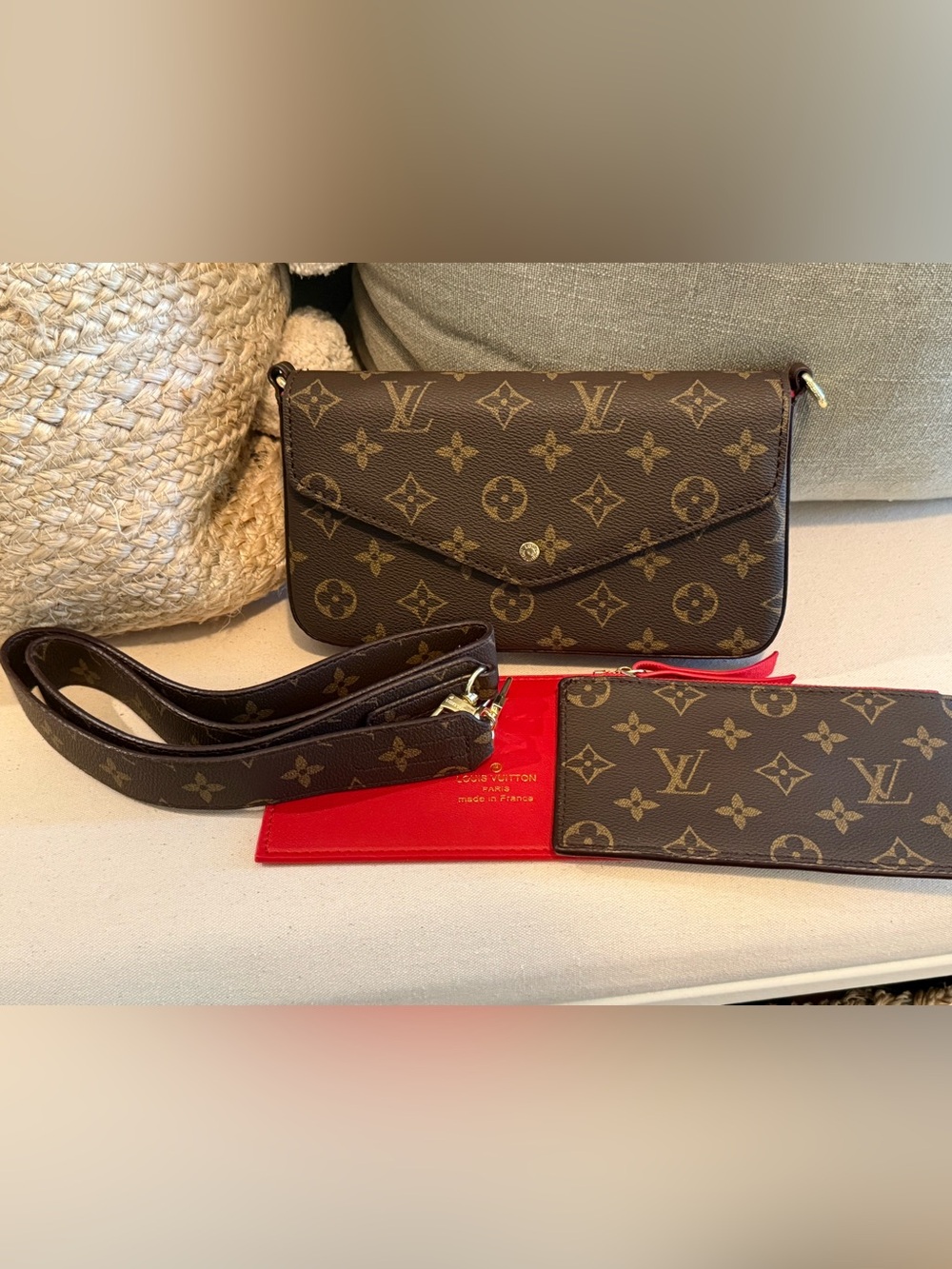 L*V Brown Monogram Crossbody with Red Interior Accent